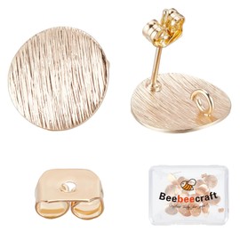 Beebeecraft 1 Box of 20 Irregular Round Stud Earrings, 18 Carat Gold-Plated Flat Round Earring Posts with Loop and 20 Ear Nuts for DIY Jewellery Making