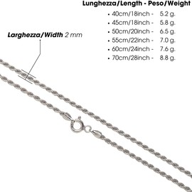 Aka Gioielli® - 925 Sterling Silver Rhodium Women Men Necklace - 2 mm Rope Chain - 18 inch