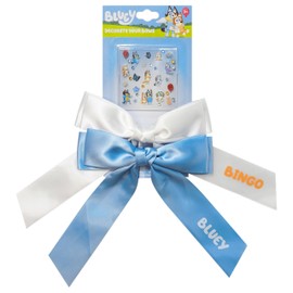 Bluey Long Tail Hair Bow Set for Girls – White & Blue Satin Bows with Stickers – DIY Hair Accessories for Kids Ages 3+