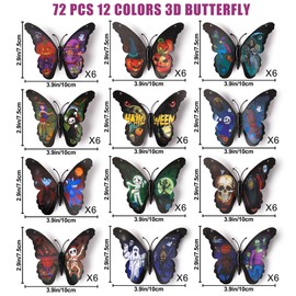LiveGallery 72 PCS 6 Colors Removable 3D DIY Beautiful Butterfly Wall Decals Colorful Scary Pumpkin Spooky Witch Butterflies Art Decor Wall Stickers Murals for Kids Baby Boy Girls Bedroom Classroom