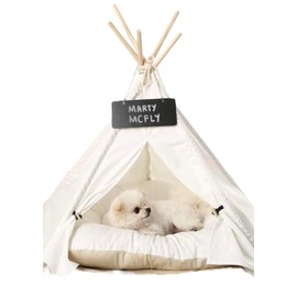 Pet Teepee with Soft Cushion for Dogs, Cats, Rabbits and Puppies, Portable Pet Tent, White Dog Tent. Pet House with Bed, Washable Dog Teepee, Portable Dog House (White)
