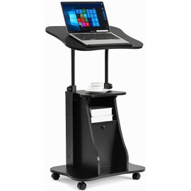 Tangkula Mobile Laptop Podium, Height Adjustable Sit to Stand Desk with Tilting Desktop & Storage Cabinet, Ergonomic Rolling Lectern Cart Laptop Desk, Office Podium Stand on Wheels