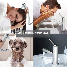 KAIYING Bathroom Sink Faucet with Pull Out Sprayer, Single Hole Utility Bar Sink Faucet, Lavatory Pull Down RV Sink Faucets with Rotating Spout, Single Handle (Regular, Brushed Nickel)