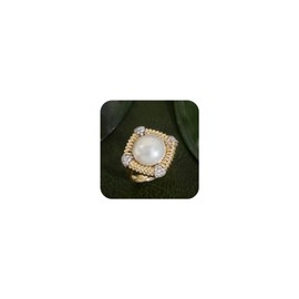 18K Gold Italian Textured Pearl Ring – Vintage Aurora Mabe Pearl Cocktail Ring for Women, French Retro Jewelry Size 8