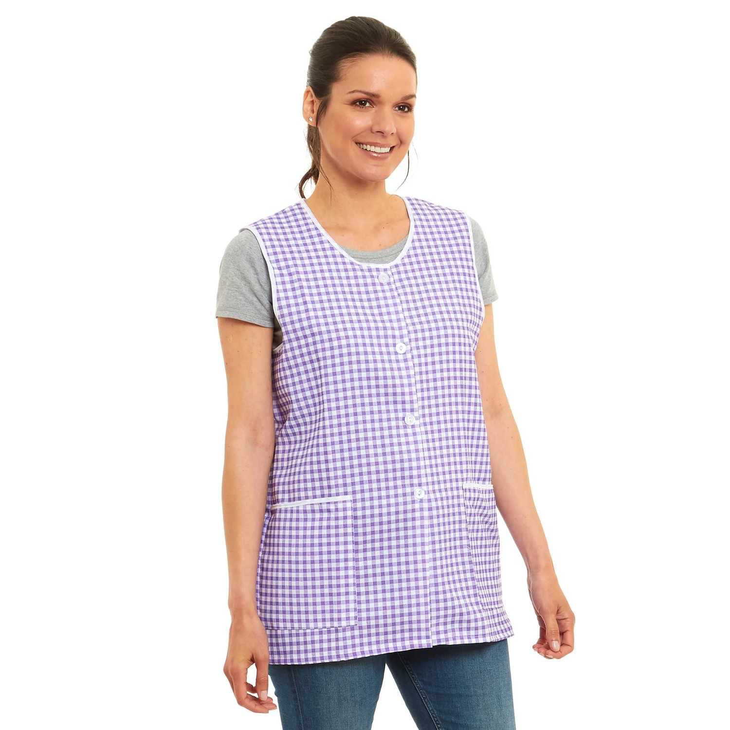 Ladies Gingham Buttons Through Design Piping Tabard Apron Overalls ...