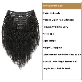 Kinky Curly Clip-In Real Hair Extensions, 8 Pieces, 120 g, Invisible Real Hair Wig Extensions, Clip-In Natural Black Clip Ins for Black Women, 10 Inches, 18 Clips