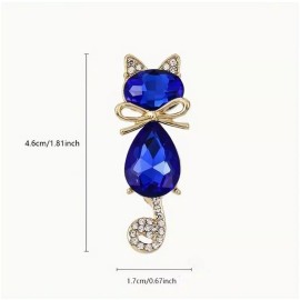Unbranded Elegant Cobalt Blue Gemstone Cat Brooch Pin With Crystal Accents