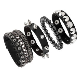 JJDreams Women Men Punk Bracelet PU Lether Hematite Cuff Vintage Wristband Rivet Spike Adjustable Black