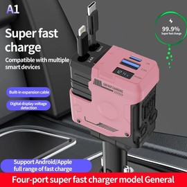 W&O Aromatic Starlight In Car Roof Retractable Car Charger with Lightning Cable, Dual Charge Port (3*Bottles), Fast Charging Adapter - Automotive:_PINK MECH-STYLE CAR CHARGR (ios+type-c)