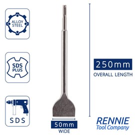 Rennie Tools SDS Plus Chisel Bit 50mm Wide x 250mm Long for Use On Bricks, Concrete, Masonry, Mortar, Marble and Hard Stone. for SDS & SDS Plus Drills. SDS Chisel Bit