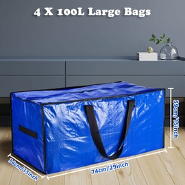 iespell 4 Pack Extra Large Strong Moving Boxes with Lid, Heavy Duty Waterproof Moving Storage Bags for House, Under Bed, Garden, Laundry Bags with Zips, Storage Bags for Duvet, Clothes, 100L, Blue