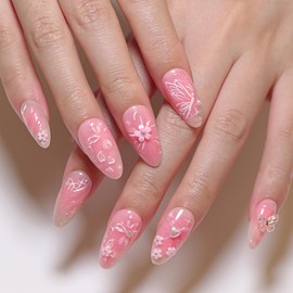 24 Pieces Medium Almond Fake Nails with 3D Pink Flowers Design - Cute Summer French Tip False Nails with Glue - Removable Pink Bow Stick on Nails Press on Nails for Nail Art Accessories
