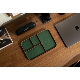 MUUJEE Leather Catchall Multitray (Design 3) - 11.65 x 7.75 x 0.8, Nightstand Entryway Bedside Dump Tray Valet Organizer for Keys Phone Wallet Watch Glasses Pens, Office Desk Accessory for Men, Green