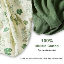 Zdolmy Muslin Crib Sheets for Girl Boy, 2 Pack 100% Cotton Crib Sheet for Standard Crib Mattress(28"x 52"), Fitted and Soft Breathable Crib Mattress Sheet, 360° Wrapping (Monstera & Dark Green)