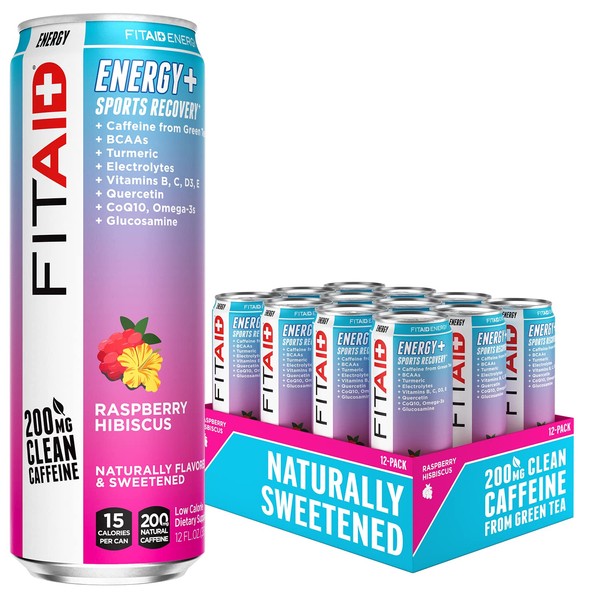 FITAID ENERGY, 200mg Natural Caffeine, Keto, Raspberry Hibiscus, Optimum Performance Formula: BCAAs, Quercetin, Electrolytes, Omega-3s, 15 calories, Paleo, Vegan & GlutenFree, 12-oz cans (Pack of 12)