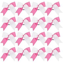 Cheer Bows 6 Inch 2 Color Ponytail Holder Hair Tie 16 Pcs Hair Bow Cheerleader Bows Hair Tie (White/Hot Pink)