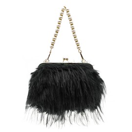 COOLOYA Women's Fuzzy Pearl Chain Strap Clutch Purses Fringe Decor Fashion Handbag Evening Wedding Crossbody Bag Black One-Size