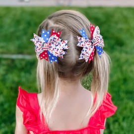Red White Blue Hair Clips for Girls American Flag Hair Clip Patriotic Hair Bow Clips for 4th of July Hair Accessories Grosgrain Hair Bows with Heart TSFJ49 (BD Bow24)