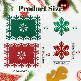 URROMA 6 Set Christmas Snowflake Felt Placemats Coasters,Felt Non-Slip Table Mats Green Red Xmas Placemats for Christmas Home Kitchen Party Decor