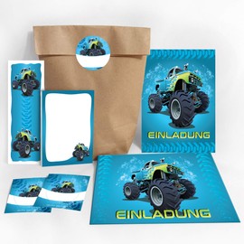 JuNa-Experts 16 Invitations for Children's Birthday Party Boy Monster Truck Including 16 envelopes, 16 gift bags, 16 stickers, 16 bookmarks, 16 blocks, party bags, Modern