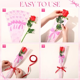 Honoson 100 Pcs Single Flower Sleeve Coquette Bow Mother's Day Floral Bouquets Wrapping Bags Plastic Rose Cellophane for Birthday Graduation Party Wedding Flower Gifts Supplies(Pink)
