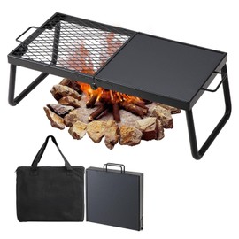 22.4" Folding Campfire Grill – Heavy-Duty Steel Mesh Grate with Adjustable Legs | Portable Fire Pit Cooking Rack and Carry Bag | For Camping, Backyards and Open Flame Grilling (Supports 50 lbs)