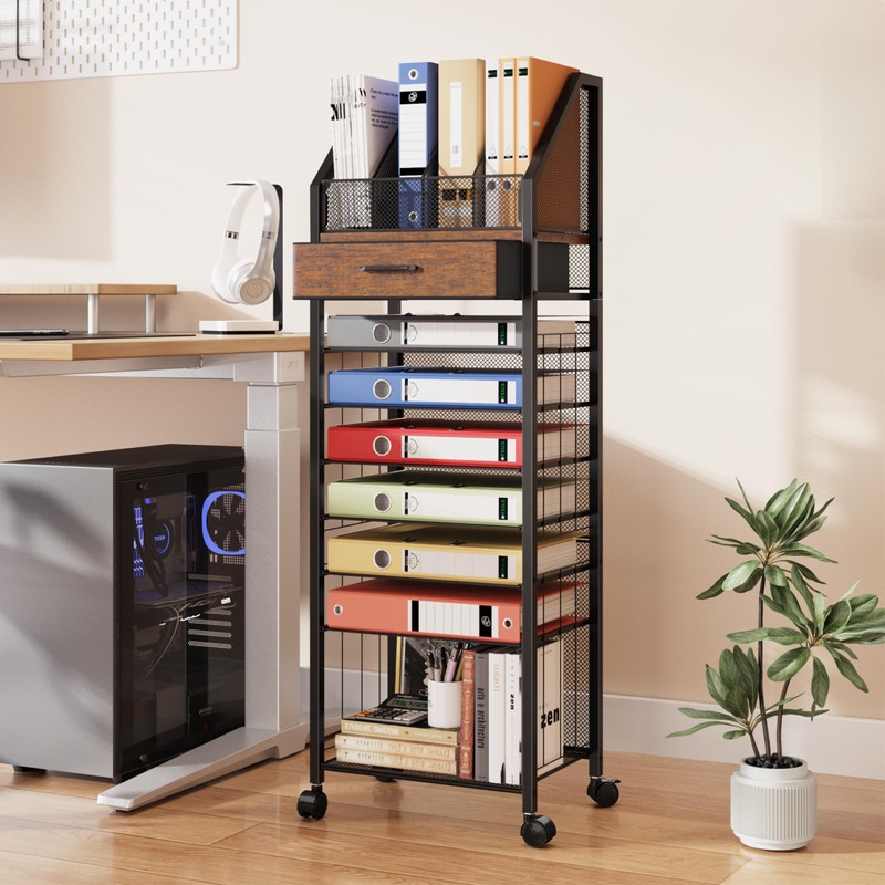 SWTYMIKI 9-Tier Rolling File Cart - Paper Organizer with Drawer