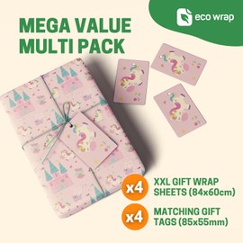 4 x Unicorn Wrapping Paper - HUGE 84cm x 60cm Premium Eco Kids Birthday Gift Wrap for Girls in Pink (4 Sheets & 4 Tags)