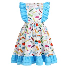 IMEKIS Back to School Outfits for Girls: Back to School Dress Toddler First Day of Kindergarten Dresses Ruffle Sleeve Kids Picture Day Outfits for School Clothes First Grade Blue Pencil 6-7 Years