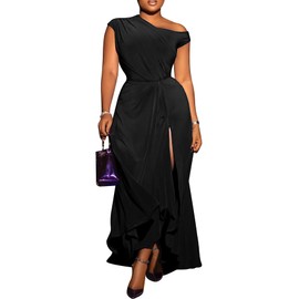 Seltaon Summer One Shoulder Maxi Dresses for Women Elegant A Line Formal Cocktail Dress Wedding Guest Black