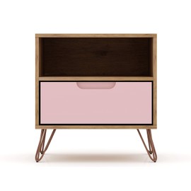 Manhattan Comfort Rockefeller Nightstand with Drawer and Cubby, Mid Century Modern Bedside Table, Minimalist Display and Storage Organizer, Ideal for Bedroom and Living Room, Nature/Rose Pink