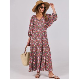 ANRABESS Womens Boho Maxi Dresses 2025 Summer V Neck Puff Sleeve Floral Flowy Swing Casual Long Dress Red Large