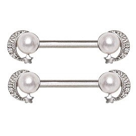 Pierced Owl 14GA 316L Stainless Steel Synthetic Pearl Moon and Star Nipple Barbells, Sold as a Pair
