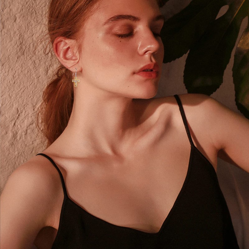 Cross Daisy Hook Earrings Gold Dangle Earring 925 Sterling Silver