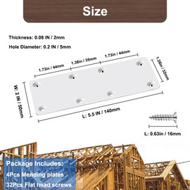 White Mending Plate 4 Pcs Stainless Steel Flat Brackets, 5.5 Inch x 2 Inch Heavy Duty Straight Brace Repair Fixing Joining Brackets for Wood Furniture Fence with Screws