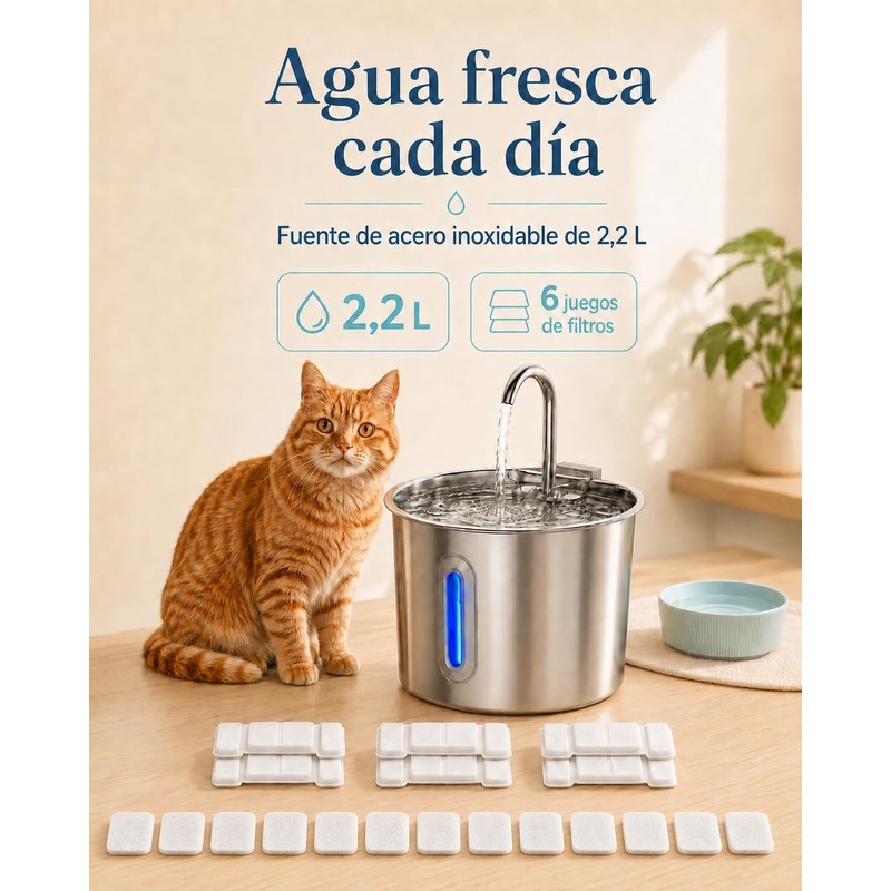 Fuente de Agua para Gato de 2.2L, 6 Filtros Bebedero