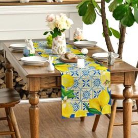 Summer Lemon Table Runner Spring Italian Lemons Table Cover Italy Blue Tiles Lemon Decor Cyan-Blue Tile Burlap Artificial Lemon Fruit Farmhouse Lemon Decorations for Home Party