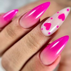 LOPMNGHT Pink Gradient Press on Nails Medium Almond Tip False Nails Pink Love Design Design Full Cover Coffin Nails Love Heart Artificial Stick on Nails Glossy Glue on Nails for Women 24Pcs