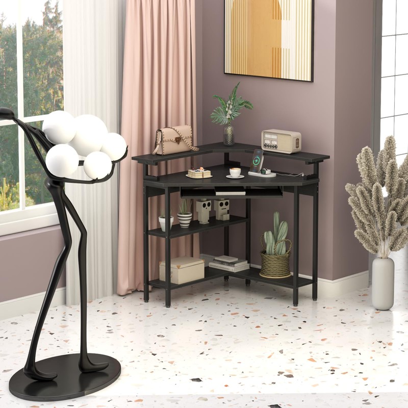 Auromie Corner Desk with Charging Station & LED Light, Triangle