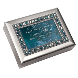 Cottage Garden Can Do All Things Through Christ Brushed Silvertone Jewelry Music Box Plays Amazing Grace