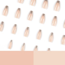 Cubahop 24pcs Long Coffin Bling Fake Nails Press on Nails Pink Glitter False Nail Stick on Nails for Women and Girls (B)