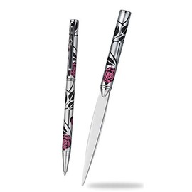 Pen & Letter Opener Set with Mackintosh Pink & Black Rose Design Comes Gift Boxed