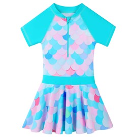 BAOHULU Toddler Girls Swimsuit One Piece Short Sleeve Floral Dress Swimwear 3-8 Years S386_CyanScale_152/158
