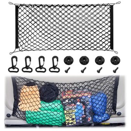 Premium Dual-Layer Nylon Cargo Net-Adjustable Elastic Trunk Storage Net with Hook-Cargo Net for Pickup Truck Bed for SUVs, Cars, and Trucks (35.4x15.7 Inch)