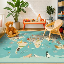 4x6 World Map Kids Rug with Animals – Educational Washable Play Mat for Toddlers, Cute Global Animal, Featuring Continents & Native Wildlife Carpet for Bedroom or Classroom - Blue