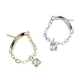 Amelia Fashion Implant Grade Titanium Threadless Push In Chain Linked Curved Bar With CZ Dangle Top (Fits All Threadless Pin Sizes 14GA-20GA) (Clear)
