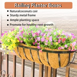 Qusuxi 24'' Window Box Railing Planter with Coco Liner,2 Pack Horse Trough Planters Black Metal Hanging Flower Planters Basket for Porch Fence Patio Indoor Outdoor Lawn