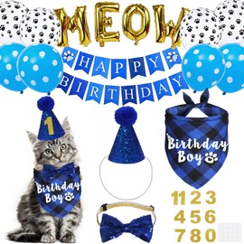 JOTFA JOTFA Cat Birthday Party Supplies, Kitten Bandana with Hat Bow Tie Number Banner Balloons Meow Letter for Decorations