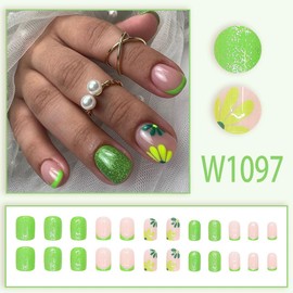 Green Press on Nails Short Square Fake Nails Flower False Nails Press ons with Design,Reusable Artificial Nails Full Cover Glue on Nails Stick on Nails for Women Manicure 24 Pcs
