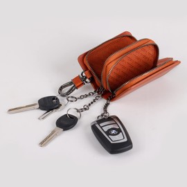 VISOUL Genuine Leather Car Key Cover Key Bag Car Key Pendant Antique Vintage Double Zip Carabia Hook Bag, brown